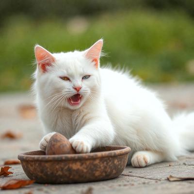 The primary subject of the image is a white kitten sitting on the ground and holding a small brown ball in its mouth. The setting is an outdoor environment, with the kitten laying on a cement surface. The visual style of the image is a photo, capturing the kitten's playful and curious nature. The colors in the image are predominantly white and brown, with the kitten's white fur contrasting against the brown ball. The overall atmosphere of the image is light-hearted and playful